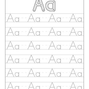May include: A black and white worksheet for learning the letter "A". The top of the page shows a large outline of the letter "A". Below are rows of the letter "A" in dotted lines for tracing practice.