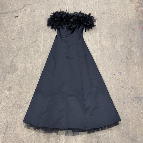 90s feather dress Morgan & Co Vintage 90s Black Feather Prom Gown Dress Sz 3/4