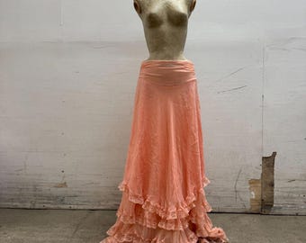 Spódnica warstwowa z jedwabiu MNG by Zuhair Murad Y2K Vintage Boho Peach Pink Lace, rozmiar 6, rzadka