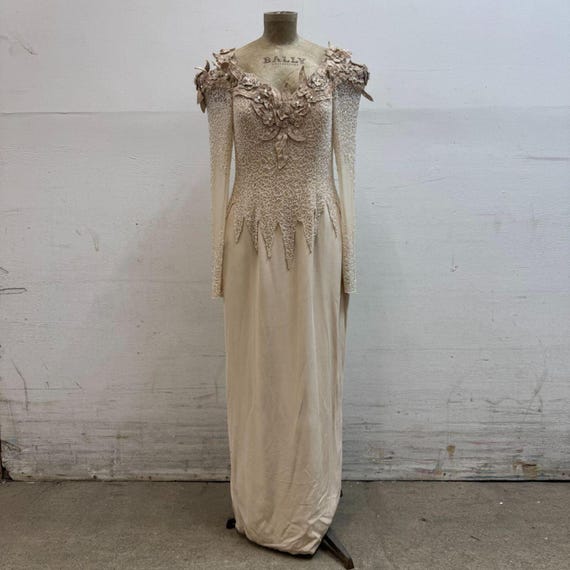 Vintage 1980s Claire’s Collection Champagne Beaded Silk Gown