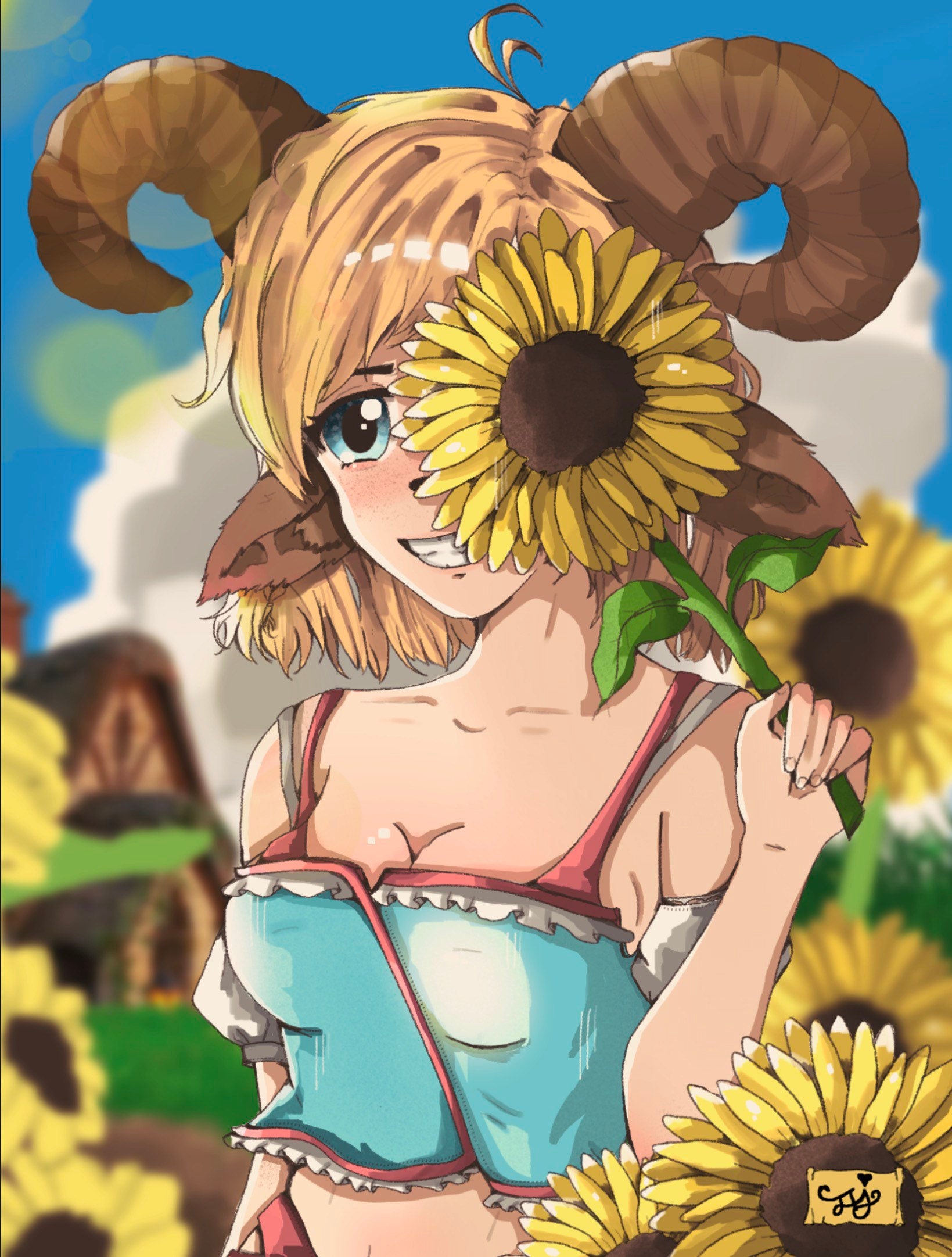 Premium Photo | Anime girl in a sunflower field holding a bouquet of  sunflowers generative ai