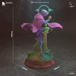 May include: A 3D-printed figurine of a figure in a flowing purple cloak, holding a flower and a sword. The figure is approximately 11.6 inches tall, 6.3 inches wide, and 8.2 inches deep. The base is decorated with stylized plants. Text on the image includes "HIGH-QUALITY PRE-SUPPORTS" and "PATREON.COM/BULKAMANCER".