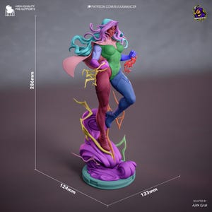 May include: A colorful figurine of a female superhero, approximately 11.3 inches tall, with a dynamic pose. The figure features a mix of colors including green, purple, blue, and red. The base is a swirling purple design. Text includes "HIGH-QUALITY PRE-SUPPORTS" and "PATREON.COM/BULKAMANCER".
