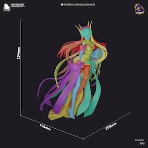 May include: A colorful 3D-printed figurine of a female character with long, flowing hair and elaborate clothing. The figure is approximately 10 inches tall, 7.8 inches wide, and 8.2 inches deep. The figure is in shades of yellow, green, blue, purple, orange, and red.