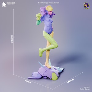 May include: A multi-coloured figurine of a character with long hair, wearing a fitted suit, standing on a mechanical base. The figure measures 229mm in height, with a base width of 81mm and a depth of 138mm. Text includes Patreon.com/bulkamancer.