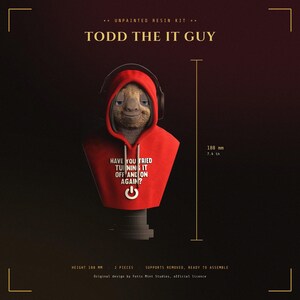 May include: An unpainted resin kit bust of a sloth wearing a red hoodie and headphones. The hoodie features the text "HAVE YOU TRIED TURNING IT OFF AND ON AGAIN?" with a power symbol. The bust measures 7.4 inches in height.