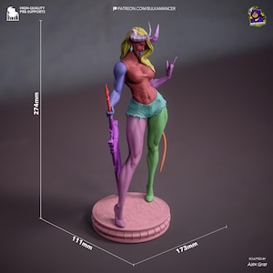 May include: A colorful figurine of a female demon with horns, holding a purple weapon. The figure is 274mm tall and stands on a round base that is 111mm wide and 173mm long. The figure is wearing denim shorts and has a tail.