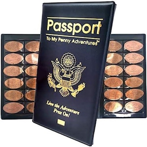 May include: A black faux leather coin collector book with gold foil text reading Passport To My Penny Adventures and Live the Adventure Press On, featuring a gold eagle emblem and interior plastic sleeves filled with pressed copper coins.