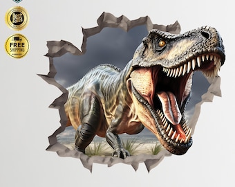 Calcomanía de pared 3D T-Rex Breakthrough: calcomanía de vinilo reposicionable para la decoración de la habitación de los niños al estilo jurásico