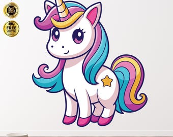 Encantadora calcomanía de pared de unicornio en 3D: arte de vinilo grande despegable y adhesivo para habitaciones infantiles y guarderías