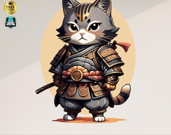 Calcomanía de pared de gato samurái / Lindo arte de pared de gato guerrero / Adhesivo de vinilo para habitación de niños, sala de juegos o guardería / Envío gratuito y procesamiento rápido