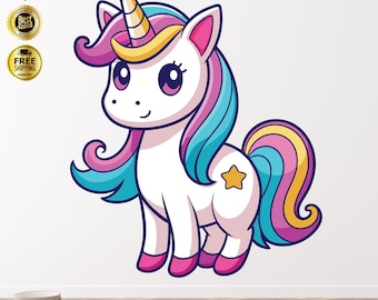 Calcomanía de pared de unicornio para niños, calcomanía de vinilo de arcoíris, decoración extraíble para habitación infantil