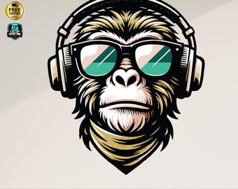 Calcomanía de pared con música de mono / Arte de mono con auriculares genial / Adhesivo de vinilo para pared / Decoración de habitación de niños / Decoración de sala de juegos / Arte de pared de hip hop