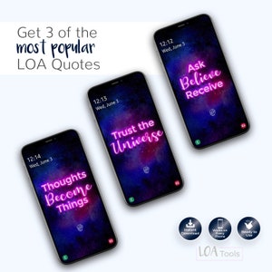 Puede incluir: Tres fondos de pantalla para tel&eacute;fono con un fondo de galaxia y texto rosa ne&oacute;n. El texto del primer fondo de pantalla dice "Conf&iacute;a en el universo". El texto del segundo fondo de pantalla dice "Pregunta Cree Recibe". El texto del tercer fondo de pantalla dice "Los pensamientos se convierten en cosas".