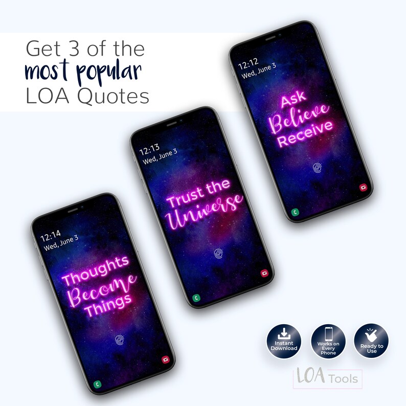 Puede incluir: Tres fondos de pantalla para tel&eacute;fono con un fondo de galaxia y texto rosa ne&oacute;n. El texto del primer fondo de pantalla dice "Conf&iacute;a en el universo". El texto del segundo fondo de pantalla dice "Pregunta Cree Recibe". El texto del tercer fondo de pantalla dice "Los pensamientos se convierten en cosas".