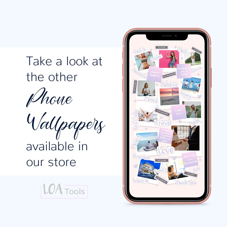 Puede incluir: Un fondo de pantalla de tel&eacute;fono rosa con un collage de im&aacute;genes y texto. El texto incluye palabras como "salud", "sue&ntilde;o", "amor", "viajar", "paz", "creer", "feliz", "riqueza", "gratitud", "libertad", "familia", "dios", y "gracias".
