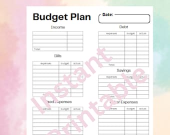 Könnte beinhalten: Ein druckbares Budgetplan-Arbeitsblatt mit Abschnitten für Einkommen, Rechnungen, feste Ausgaben, Schulden, Ersparnisse und andere Ausgaben. Das Arbeitsblatt enthält Spalten für Ausgaben, Budget und tatsächliche Beträge.
