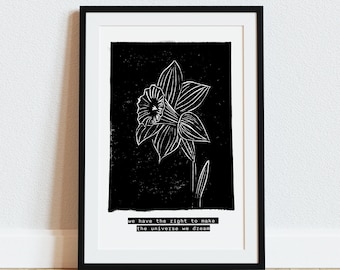 Diane di Prima Linocut Print | Daffodil Art | Revolutionary Quote (6" x 4")