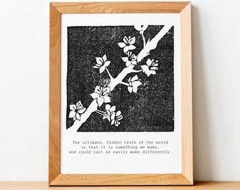 Cherry blossom art print | David Graeber quote | Botanical woodcut print | anticapitalist art