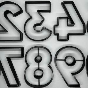 May include: Ten black metal cookie cutters shaped like the numbers 1 through 10. The cutters are on a white surface.