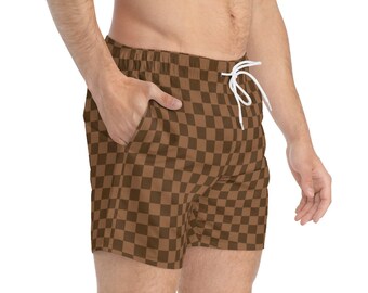 Lizzyapparel Beige and Brown Checkers Neutral Tan and Brown Checkered Mens Swim Trunks, Brown Checkerboard Swim Suit