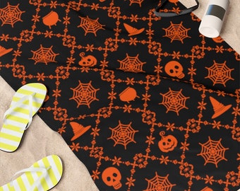 Halloween Towel, Halloween Bath Room Decor, Spooky Halloween Towel. Orange and Black Goth Towel