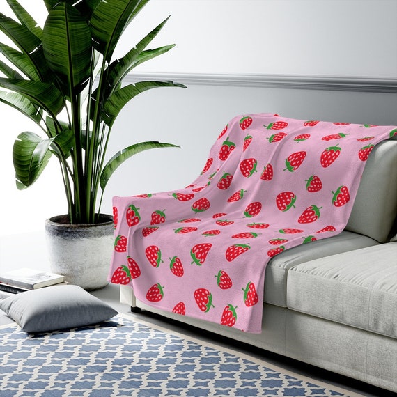 Cute Pink Strawberry Blanket, Strawberry Cottagecore Plush Blanket