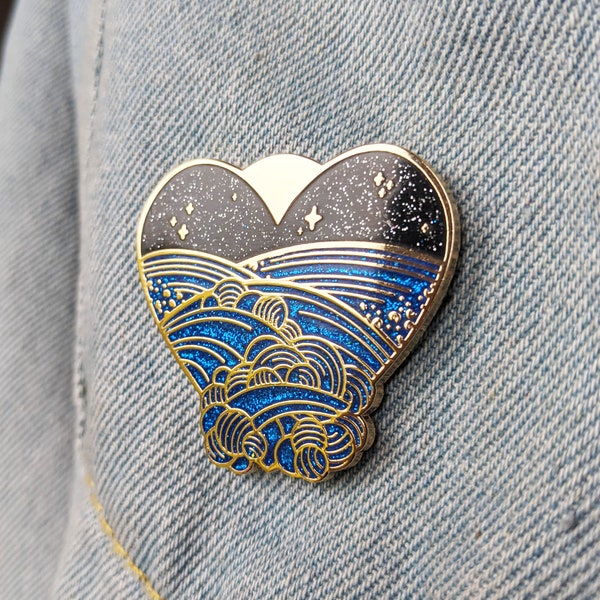 I Heart Seaside Glitter Hard Enamel Pin | Heart Shaped Nature Lover Badge | Blue Night Sky Sea Lapel Pin | Ocean Waves Sparkly Pin