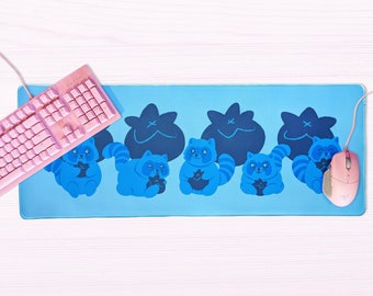 Blueberry Bandits Mousepad | Blueberry and Racoon Table Mat | Large Raccoon Gaming Mouse Pad | Cute Pastel Blue Purple Desk Pad