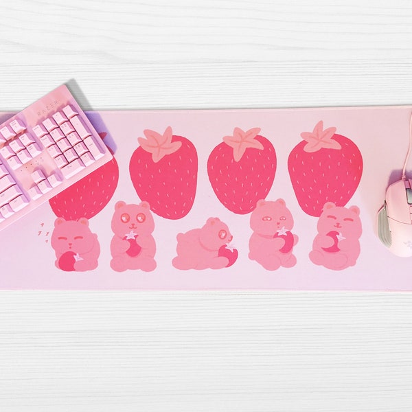 Strawbears Mousepad | Cute Pink Desk Pad | Large Gaming Mouse Pad | Strawberry and Bears Table Mat