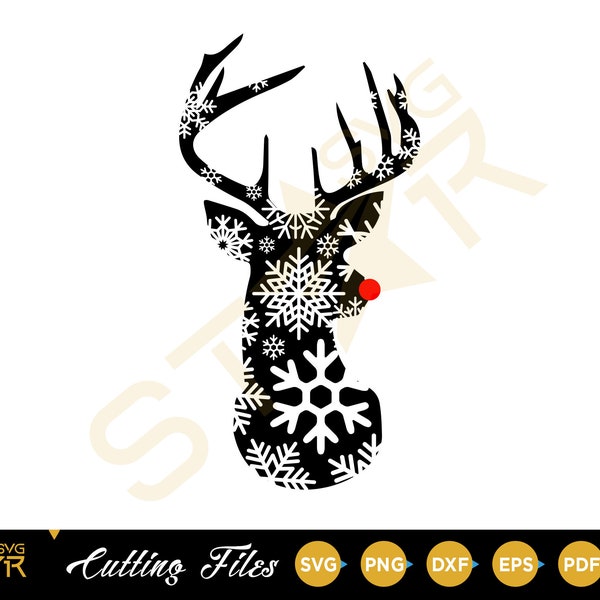 Christmas Deer Head SVG | Deer Head Clipart | Deer Head Silhouette Cut File | Red Nosed Reindeer Silhouette | Png Eps Dxf Vinyl, Cut Files