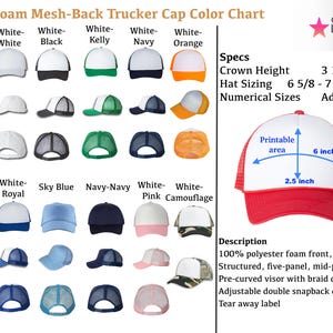 May include: Color chart showing various colors of foam mesh-back trucker caps. The caps have a structured, five-panel, mid-profile design with a pre-curved visor and braid detailing. The chart includes specs for crown height, hat sizing, and numerical sizes. The description states that the caps are made of 100% polyester foam front and mesh back, with an adjustable double snapback closure and a tear away label.