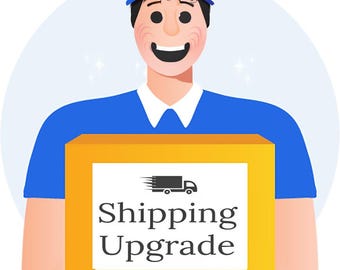May include: Illustration of a smiling delivery person in a blue uniform and cap, holding a yellow box. The box has the words "Shipping Upgrade" and a truck icon on it. The background is a light blue circle with sparkles.