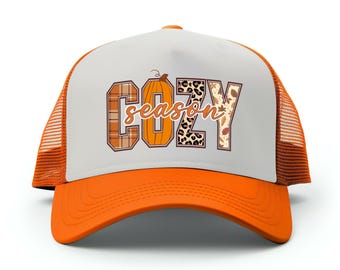 Fall Cozy Season Trucker Hat, Fall  Pumpkin Foam Cap, Pumpkin Patch hat, Mesh Back Trucker Hat, Thanksgiving Gift, Adjustable Baseball Hats