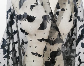 Black Foiled Bat Tulle Mesh, Halloween Fabric By The Yard