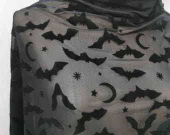 Halloween Bat Fabric, Black Flocked Bats Stretch Mesh, By The Yard