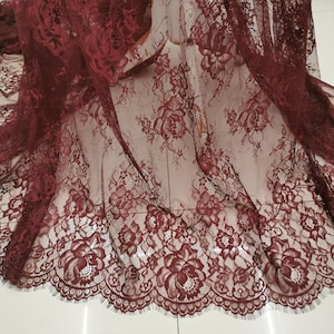 3 Yard Burgundy Floral Lace Fabric: Eyelash Edge, Wedding Gown, Dress Sewing, Eyelash Lace