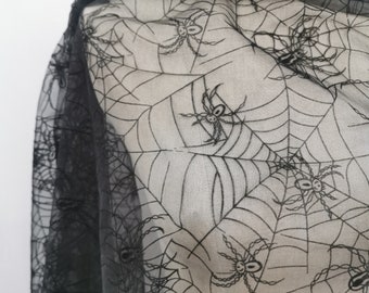Halloween Spider Web Organza Fabric - Black Spider Print, By The Yard
