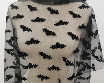 Halloween Bat Fabric black bats flocked on mesh fabric  mesh bat fabric halloween fabric by the yard