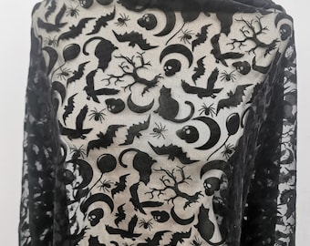 Halloween Bat Fabric, Black Cat, Dead Tree, Skull Bats, Moon, Raven Crow, Halloween Velvet Flocking Mesh for Costume, Cape, Tablecloth