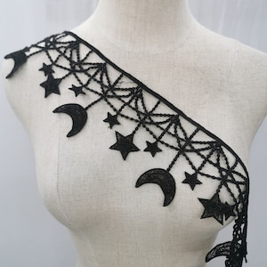 Moon and stars trim Moon lace trim Black embroidery lace for Halloween choker, 10 cm width Halloween supplies by the yard or wholesale