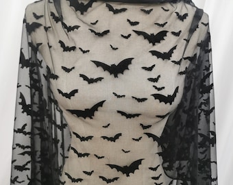 Bat Fabric black bats flocked on mesh fabric  bat fabric by the yard