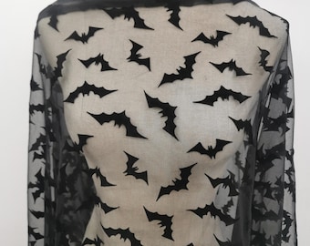 Bat Fabric black bats flocked on mesh fabric  mesh bat fabric halloween fabric by the yard