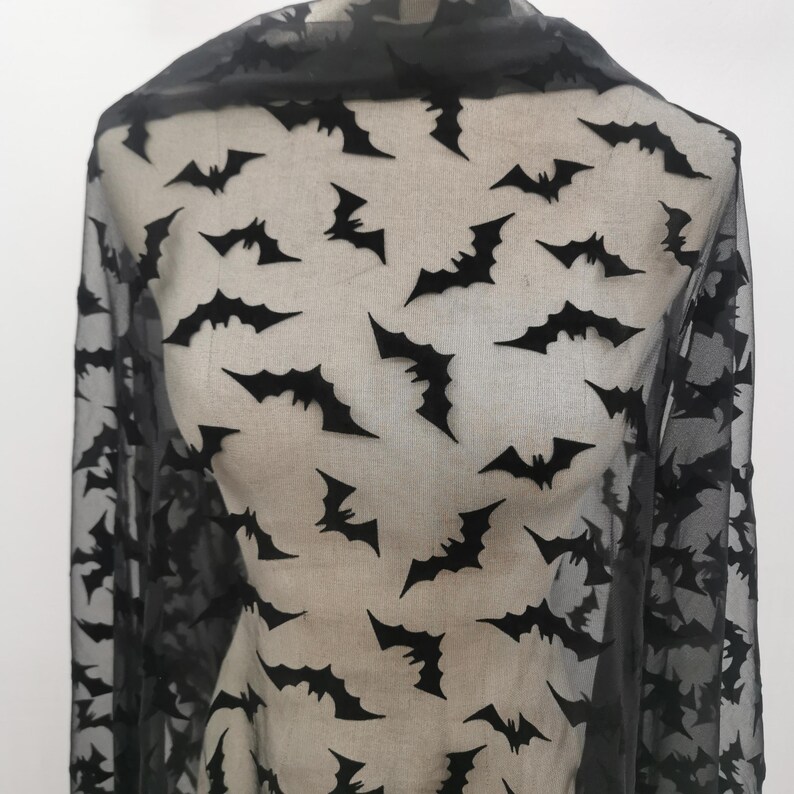 Bat Fabric Black Bats Flocked on Mesh Fabric Mesh Bat Fabric Halloween ...