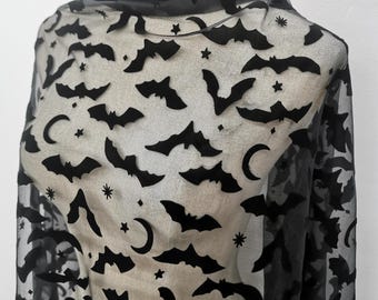 Bat mesh fabric Bat Fabric black bats flocked on mesh fabric  mesh bat fabric bat fabric by the yard