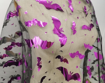 Bat Fabric Bat pattern fabric bat and moon purple foiled on black tulle mesh Halloween fabric by the yard