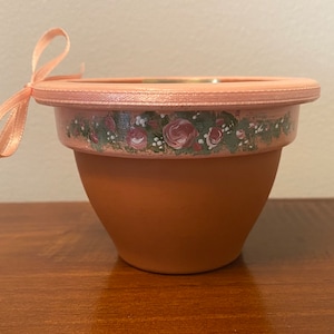 Vintage Miniature Terracotta Pot Hand Painted Floral Bow Ribbon