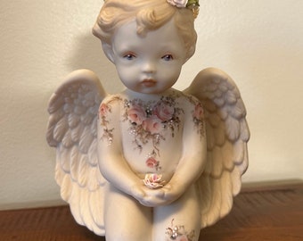 Vintage Cherub Angel Figurine Ornament Decor Handmade Handpainted Floral Pearl Pink