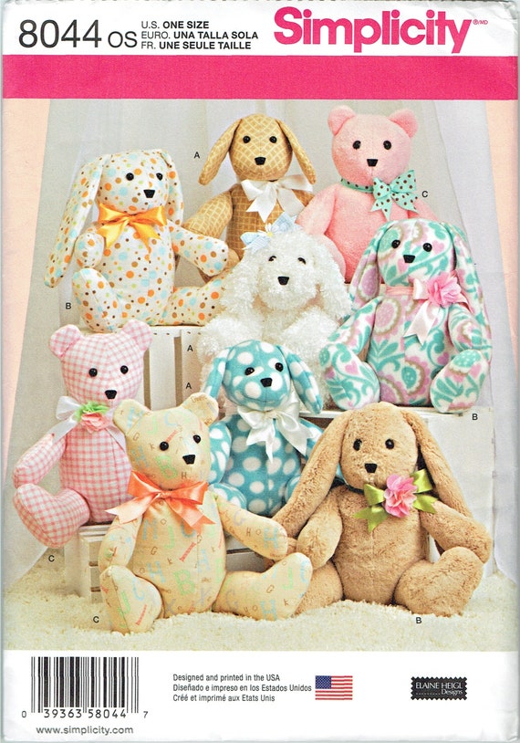 Uncut Sewing Pattern to Make Childrens Childs Kids Rabbit Bunny Bear and Dog Stuffed Animal Toy Simplicity 8044 Etsy UK