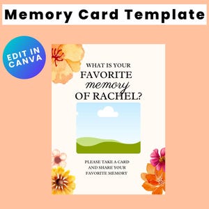 Pode incluir: Um modelo de cartão de memória imprimível com um design floral em aquarela. O cartão tem um espaço em branco para escrever uma memória favorita de Rachel. O texto no cartão diz "Qual é a sua memória favorita de Rachel?" e "Por favor, pegue um cartão e compartilhe sua memória favorita."